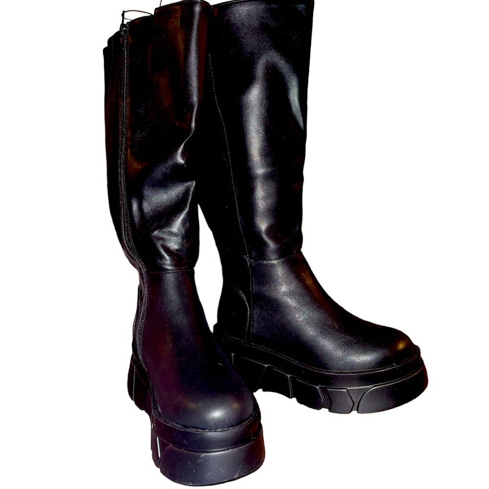Faux leather knee high lug boots